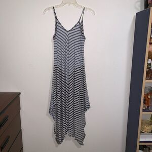 1804 Coin Strappy Dress Handkerchief Hem Striped Sleeveless Grey Blue Black
